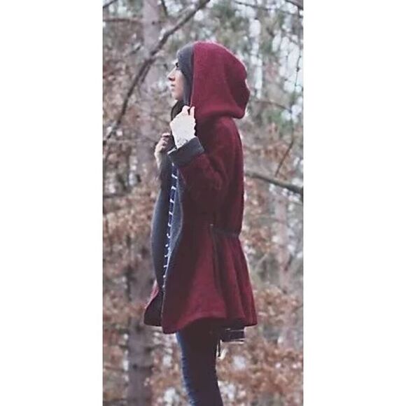 Free People Red Satellite Image Tweed Swing Oversized Jacket Coat XS Rare - Picture 6 of 7